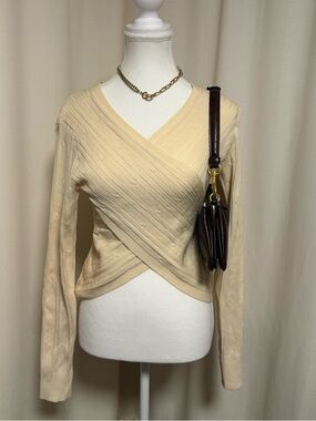 No brand Butter Cream color Ribbed Wrap V-Neck Sweater